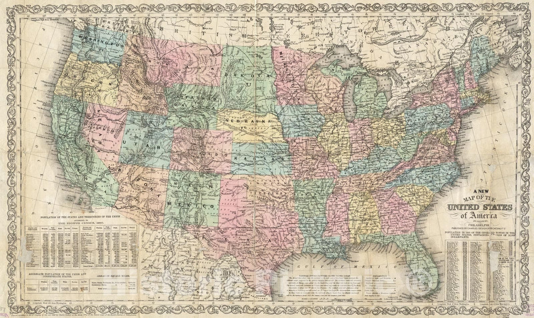 Historical Map, 1864 A New map of The United States of America, Vintage Wall Art