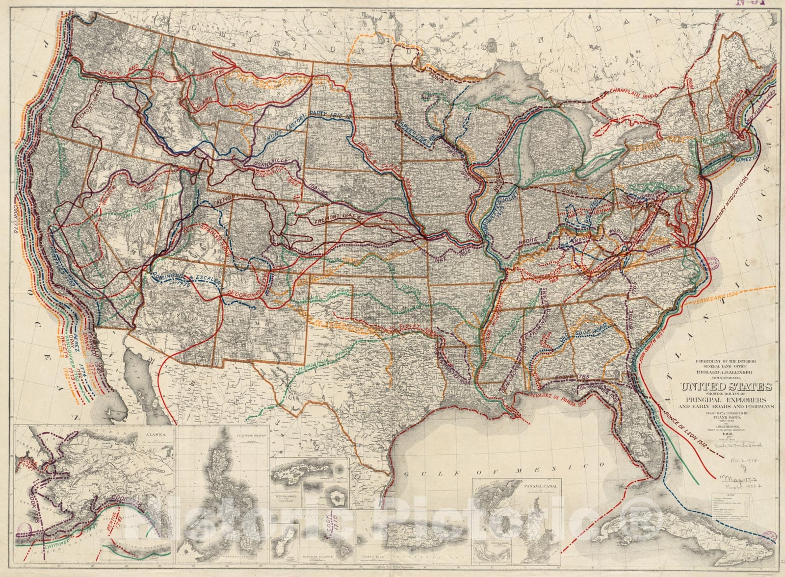 Historical Map, 1908 United States Showing Routes of Principal Explorers and Early Roads and Highways, Vintage Wall Art