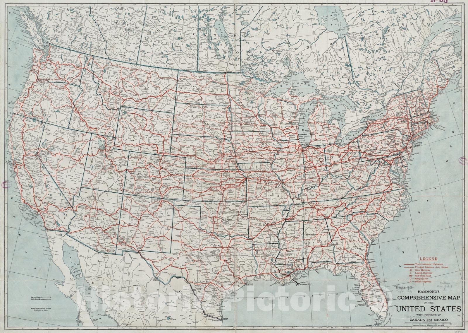 Historical Map, ca. 1916 Hammond's Comprehensive map of The United States with portions of Canada and Mexico, Vintage Wall Art