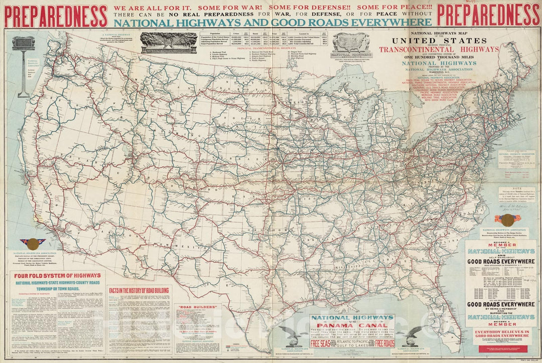 Historical Map, 1915 National Highways map of The United States Showing Principal transcontinental Highways and Connecting System of one Hundred Thousand Miles, Vintage Wall Art