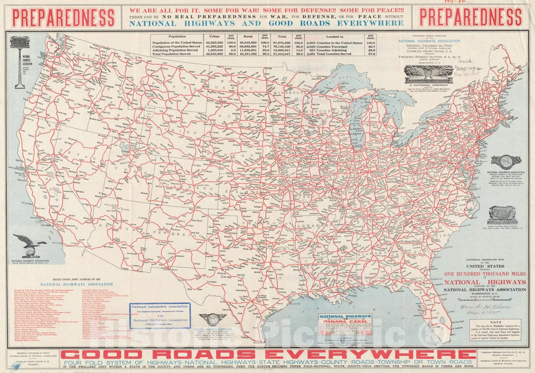 Historical Map, 1915 National Highways map of The United States Showing one Hundred Thousand Miles of National Highways Proposed by The National Highways Association, Vintage Wall Art