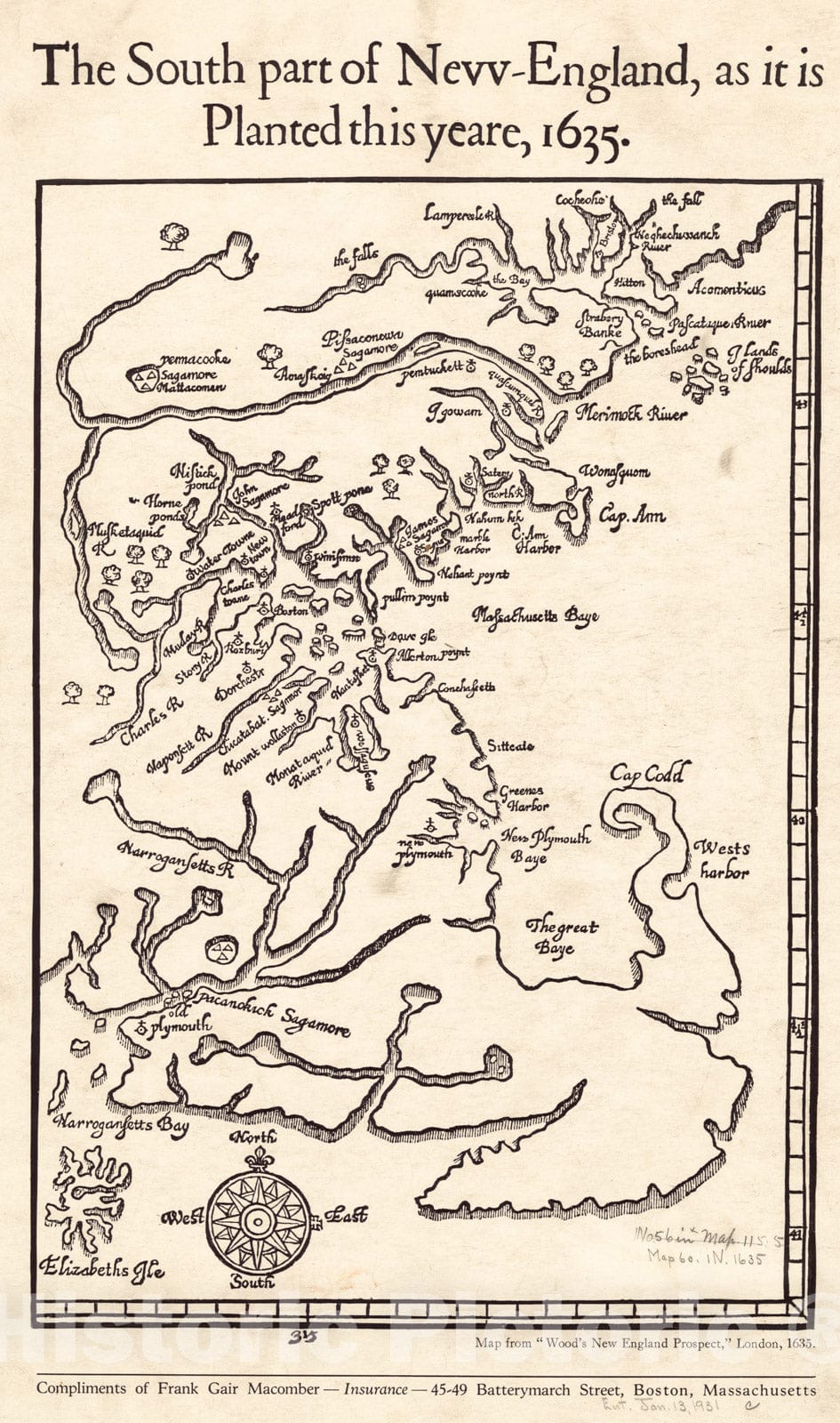 Historical Map, The South Part of New-England, as it is Planted This yeare, 1635, Vintage Wall Art