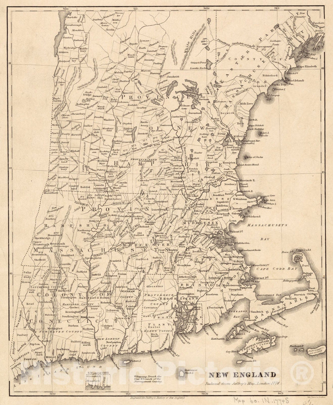 Historical Map, New England : Reduced from Jeffrey's [sic] Historical Map, London, 1774, Vintage Wall Art