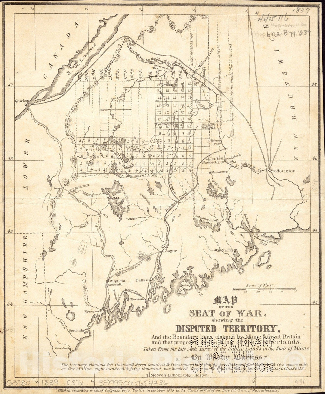 Historical Map, 1839 Map of The seat of war, Showing disputed Territory, and The Boundary Lines Claimed by Maine & Great Britain and That Proposed by The King of The Netherlands Reprint