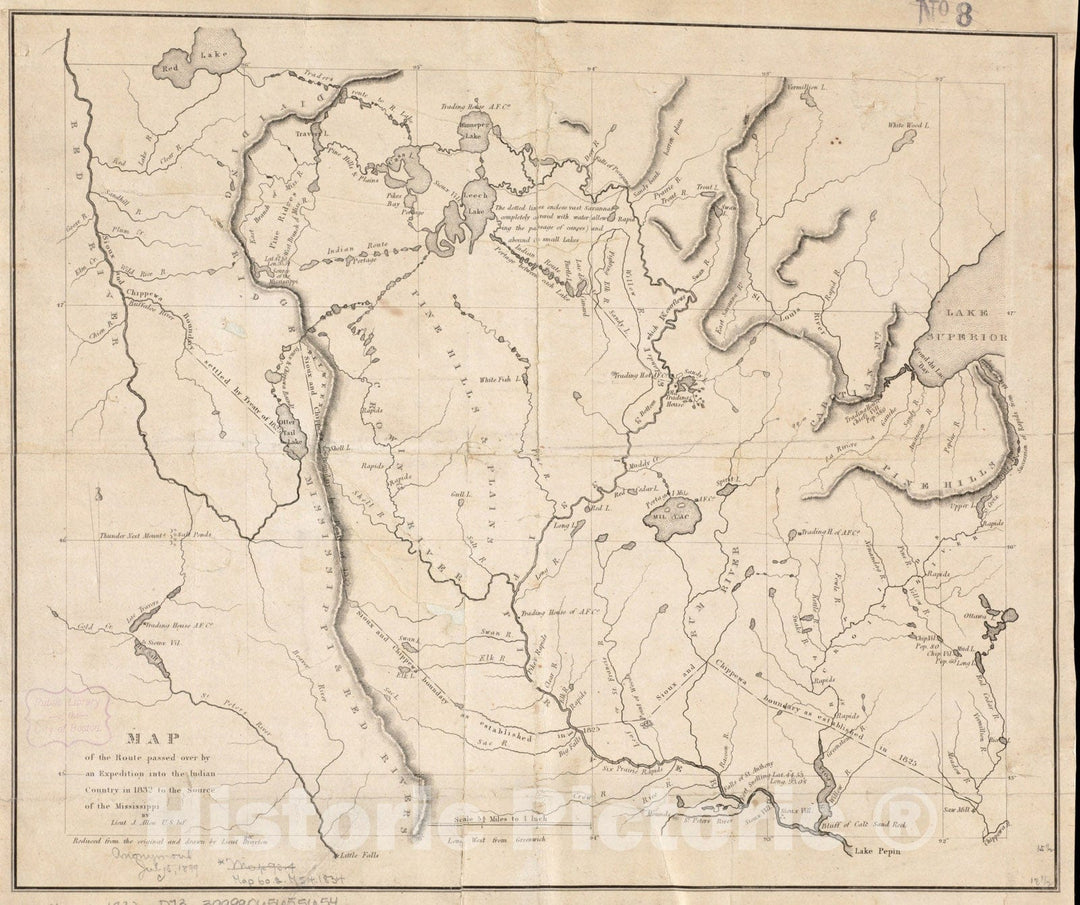 Historical Map, Map of the route passed over by an expedition into the Indian country in 1832 to the source of the Mississippi, Vintage Wall Art