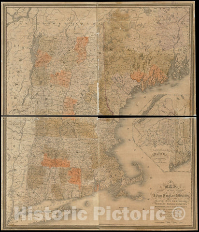 Historical Map, 1834 A map of The New England States : Maine, New Hampshire, Vermont, Massachusetts, Rhode Island & Connecticut, with Parts of New York & Lower Canada, Vintage Wall Art