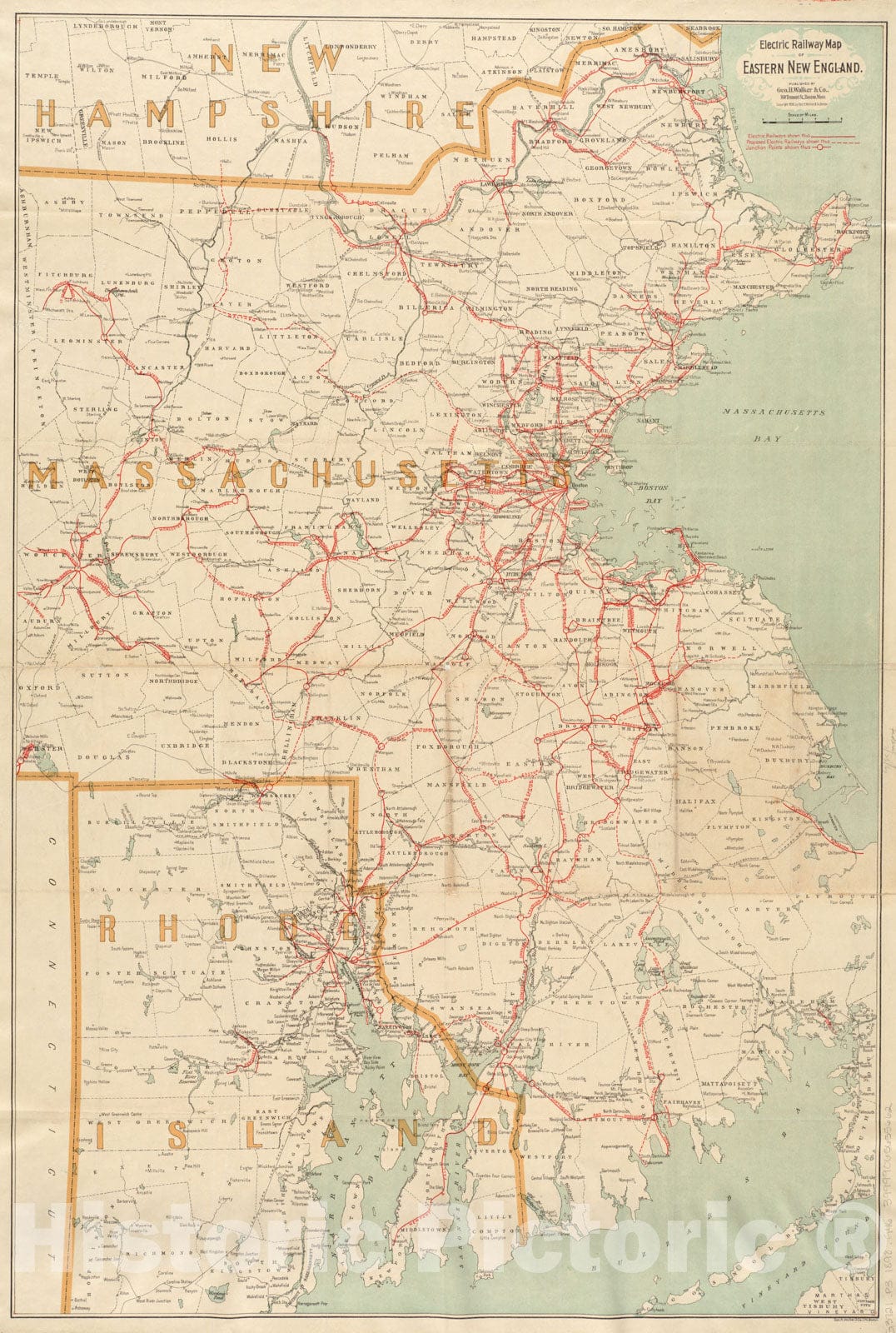 Historical Map, 1898 Electric Railway map of Eastern New England, Vintage Wall Art