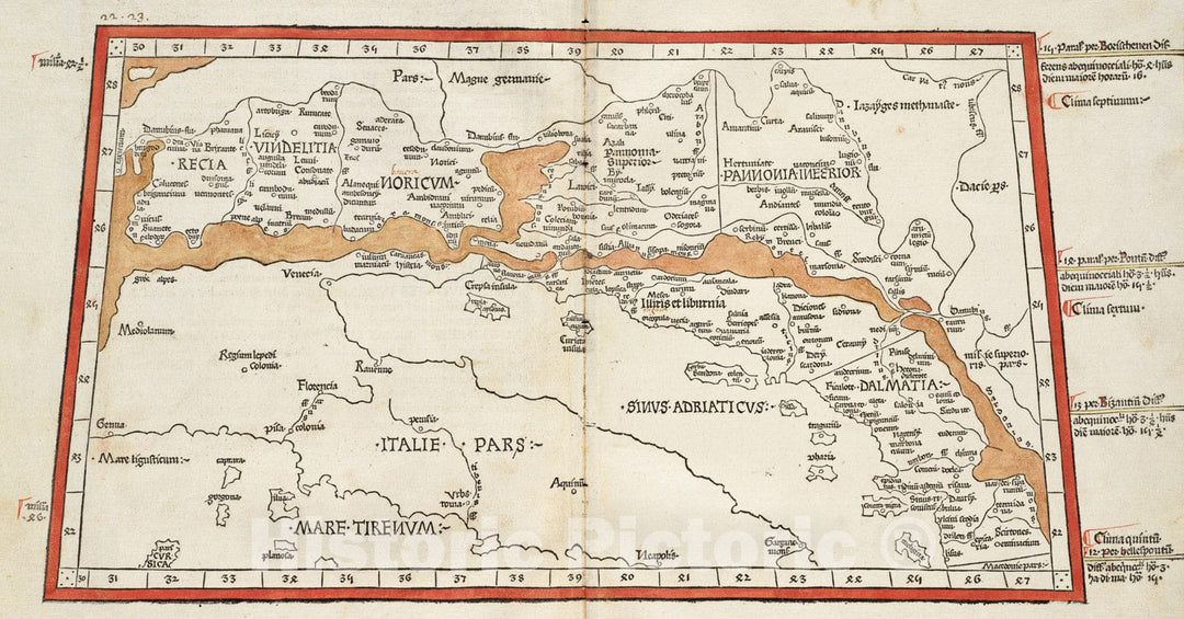 Historical Map, 1482 Quinta Europe tabula continet Rhetia, Vintage Wall Art