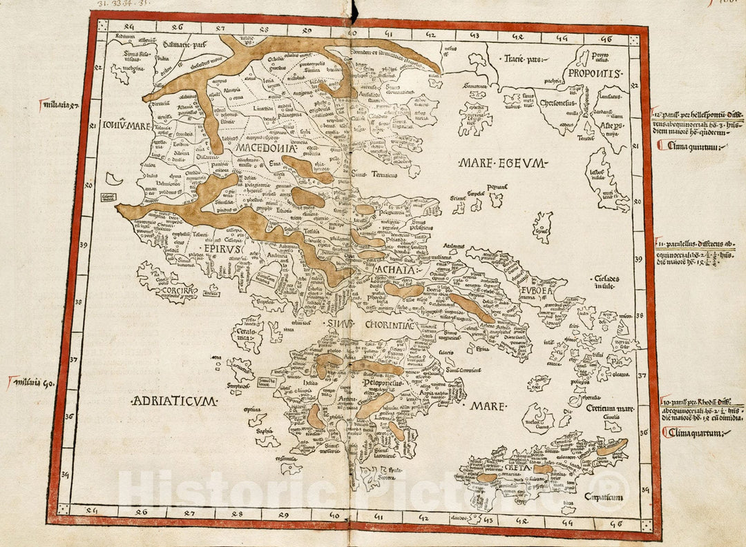 Historical Map, 1482 Decima Europe tabula continent Macedonia et Epirum et Achaiam & Peloponesum, Vintage Wall Art