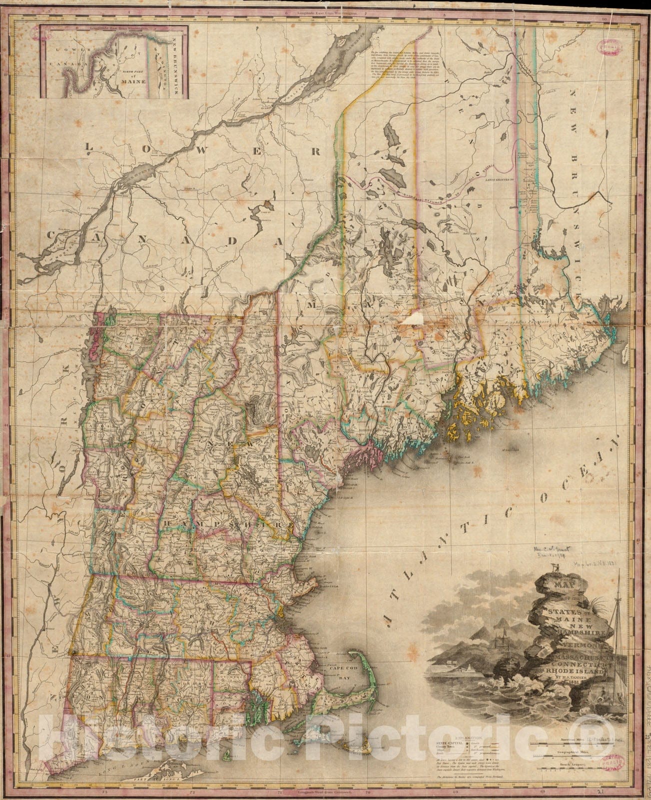 Historical Map, 1831 Map of The States of Maine, New Hampshire, Vermont, Massachusetts, Connecticut & Rhode Island, Vintage Wall Art