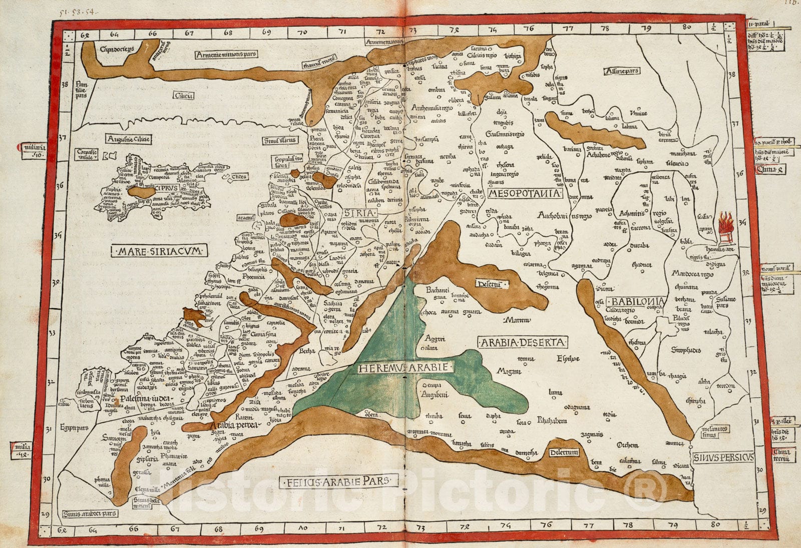 Historical Map, 1482 Quarta Asiae taubla continet Cyprum & Syrium & Iudea & vtraq. Arabia petream & deserta ac Mesopotamia & Babilonia, Vintage Wall Art