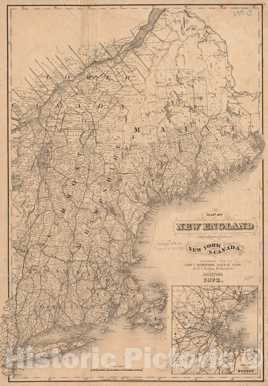 Historical Map, 1872 Map of New England with Adjacent portions of New York & Canada, Vintage Wall Art