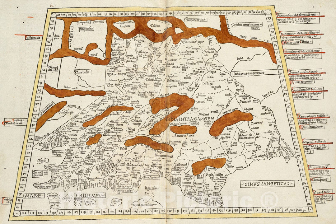 Historical Map, 1482 Indie interioris civitates Decima Asia Tabula continet India int. Gangem, Vintage Wall Art