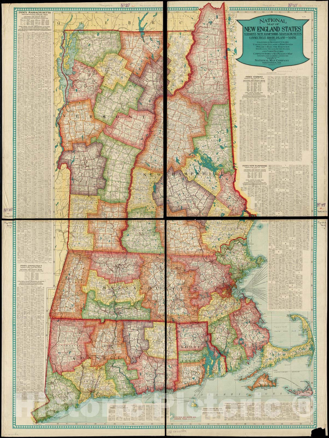 Historical Map, National map of New England States Vermont, New Hampshire, Massachusetts, Connecticut, Rhode Island and Maine Showing Counties in, Vintage Wall Art