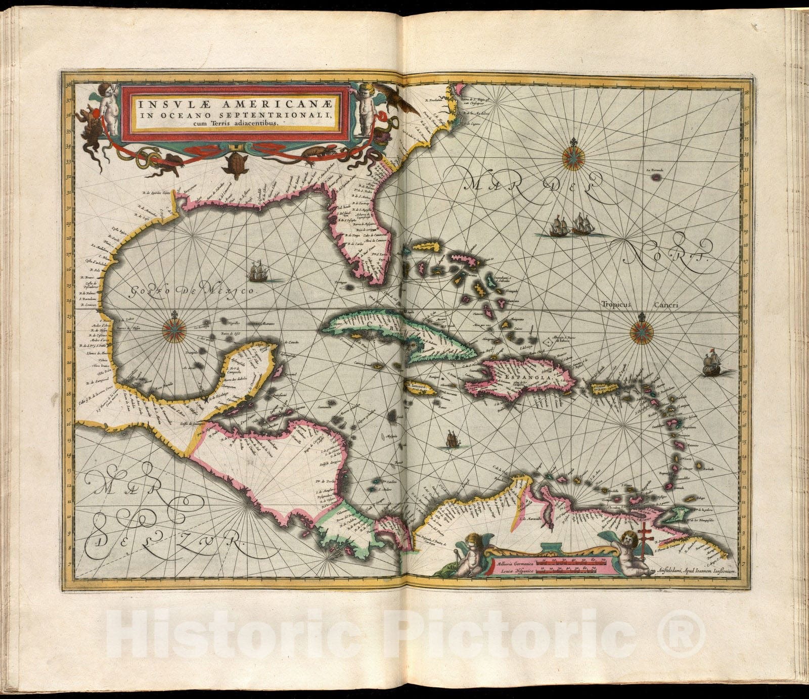 Historical Map, 1638 Insulae Americanae in Oceano Septentrionali Cum terris adiacentibus, Vintage Wall Art