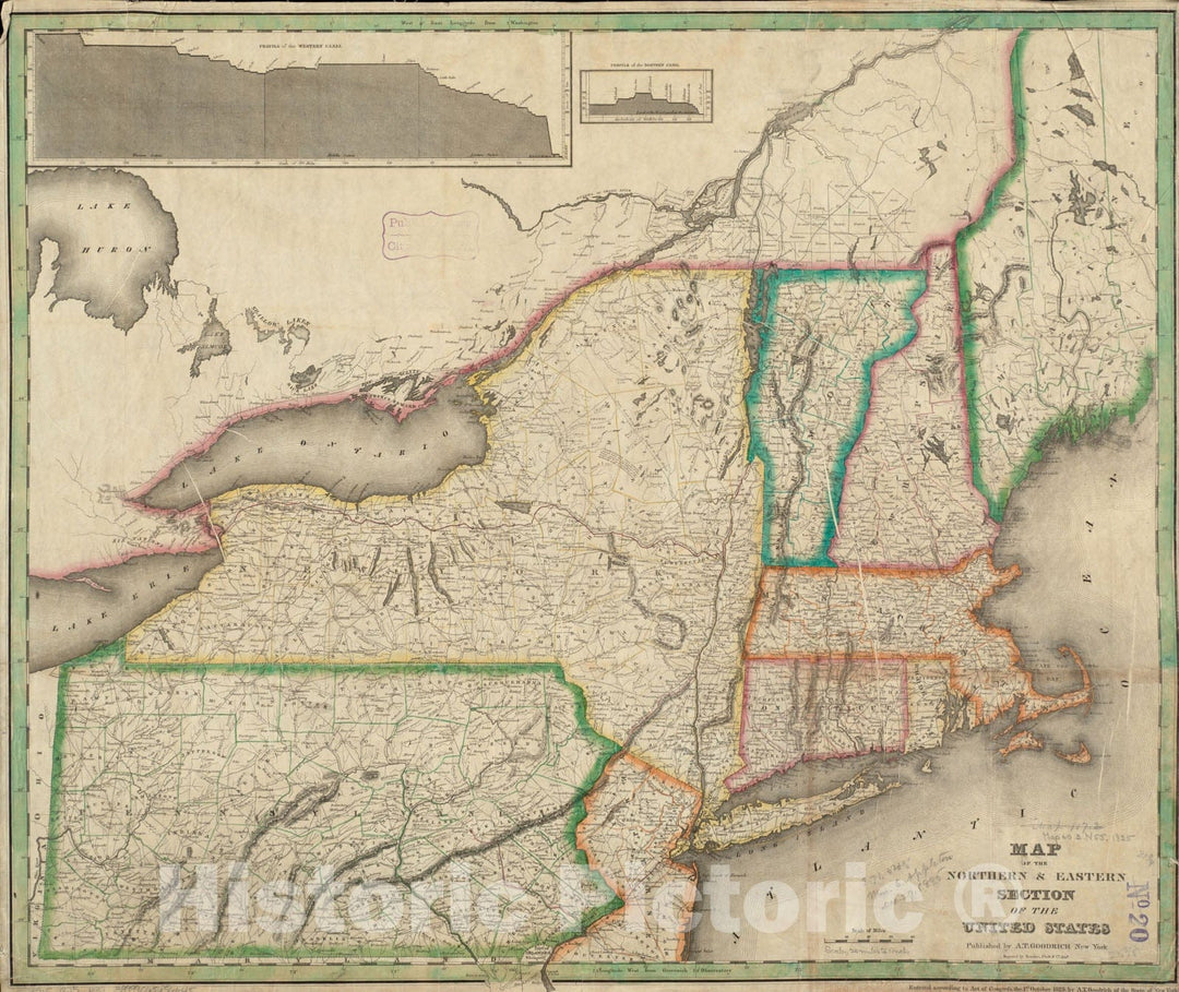 Historical Map, 1825 Map of The Northern & Eastern Section of The United States, Vintage Wall Art