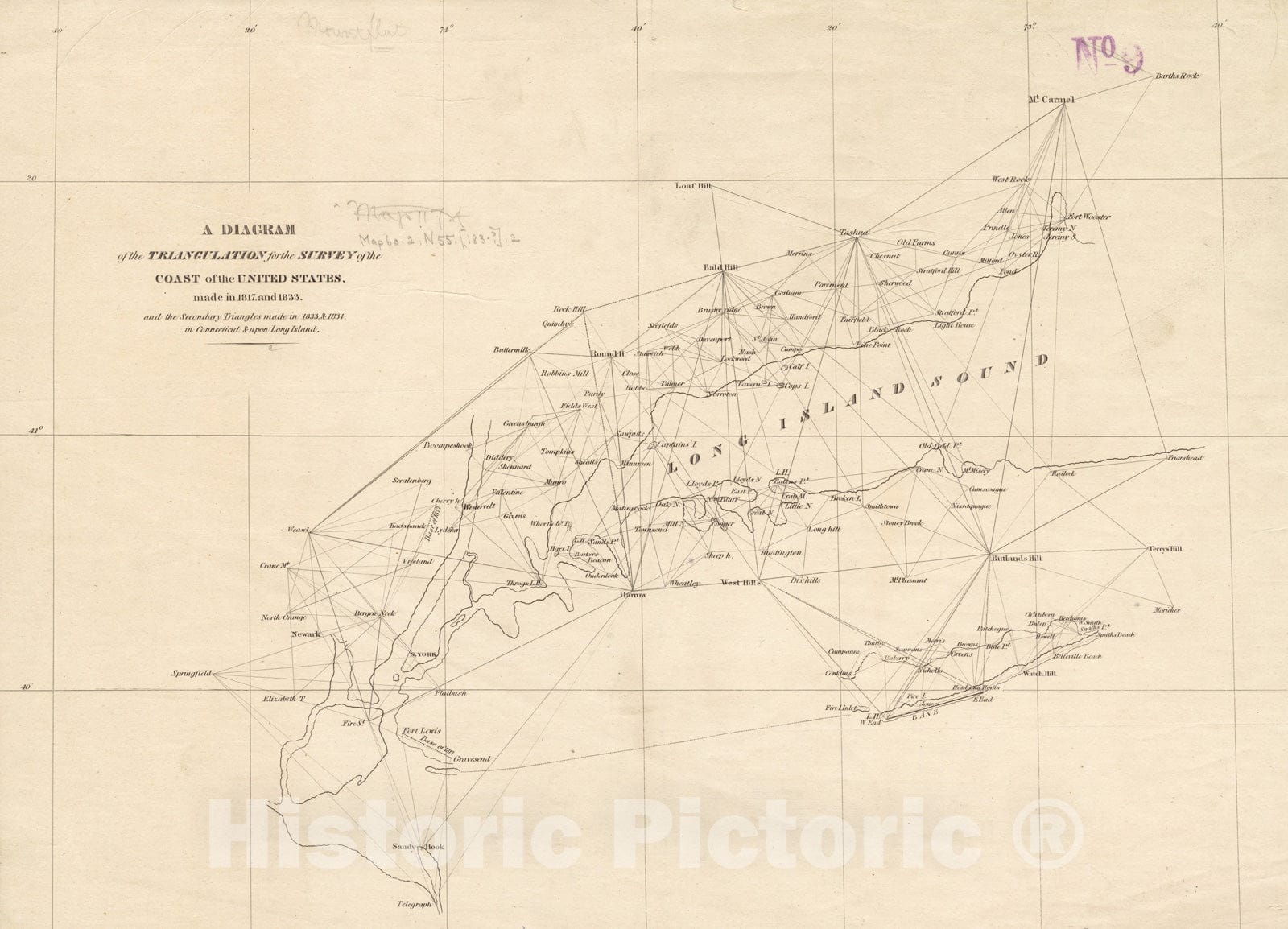 Historical Map, A Diagram of The Triangulation for The Survey of The Coast of The United States, Made in 1817 and 1833, and The Secondary Triangles Made in 1833 & 1834, Vintage Wall Art