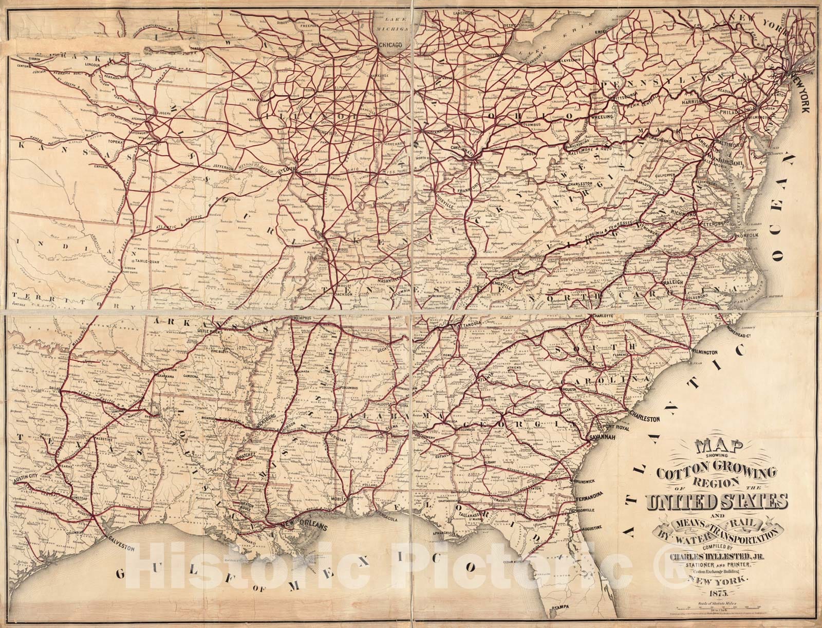 Historical Map, 1875 Map Showing Cotton Growing Region of The United States and Means of Transportation by Water and Rail, Vintage Wall Art