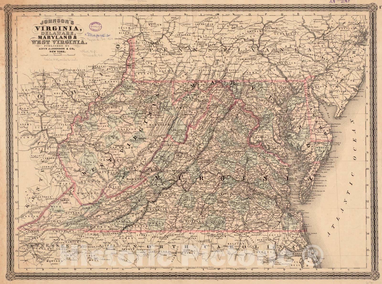 Historical Map, 1880-1889 Johnson's Virginia, Delaware, Maryland & West Virginia, Vintage Wall Art