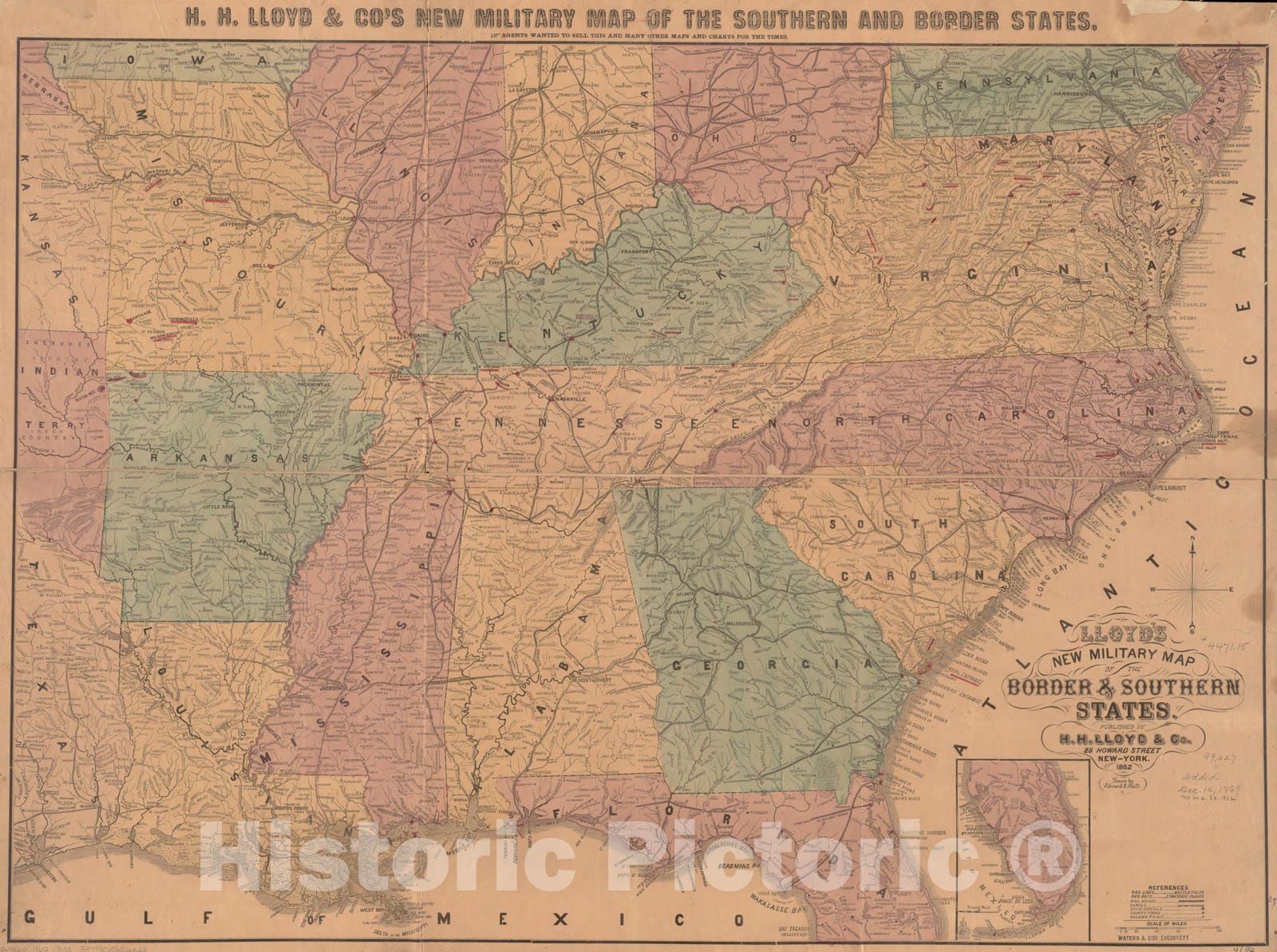 Historical Map, 1862 Lloyd's New Military map of The Border & Southern States, Vintage Wall Art