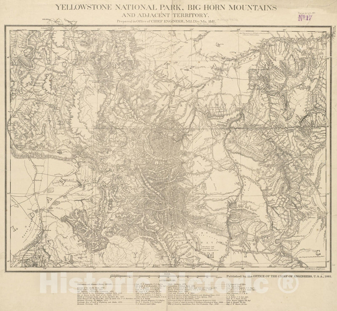 Historical Map, 1881 Yellowstone National Park, Big Horn Mountains and Adjacent Territory, Vintage Wall Art