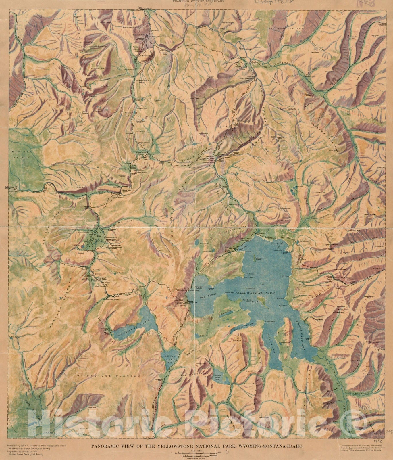 Historical Map, 1914 Panoramic View of The Yellowstone National Park, Wyoming-Montana-Idaho, Vintage Wall Art