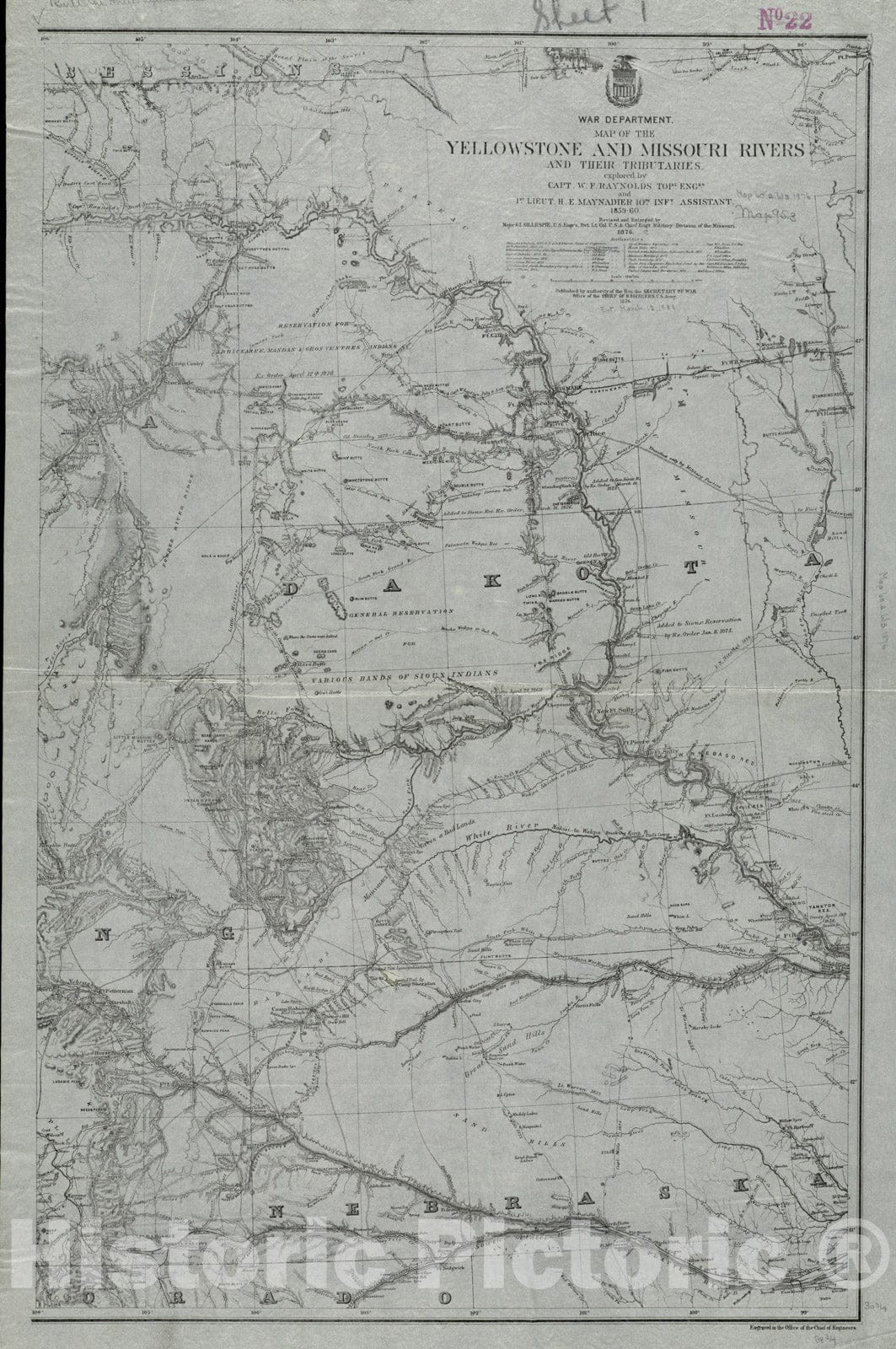 Historical Map, Map of the Yellowstone and Missouri Rivers and their tributaries : explored by Capt. W.F. Raynolds, Topl. Engrs, and 1st Lieut. H.E. Maynadier, 10th, Vintage Wall Art