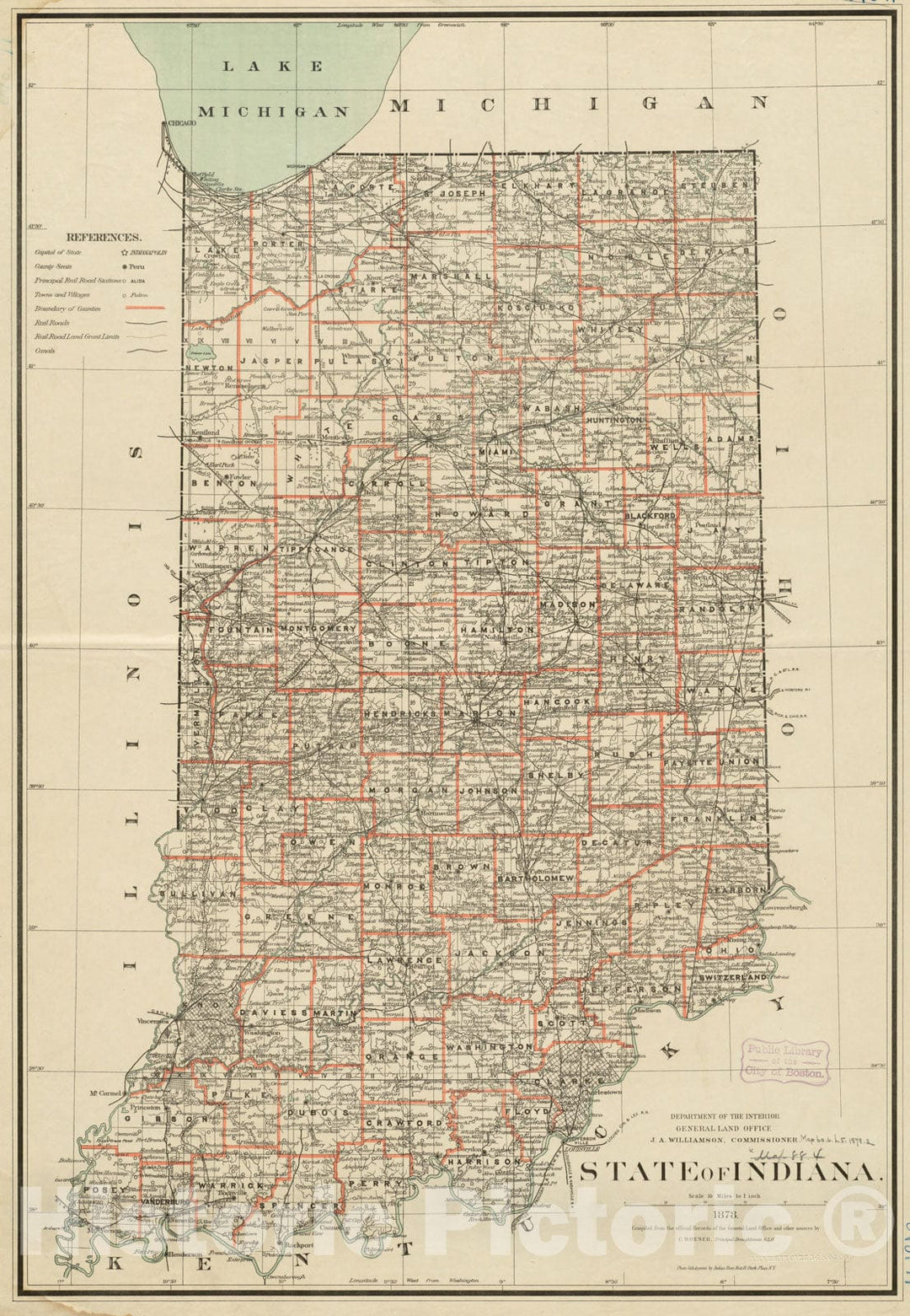 Historical Map, 1878 State of Indiana, Vintage Wall Art