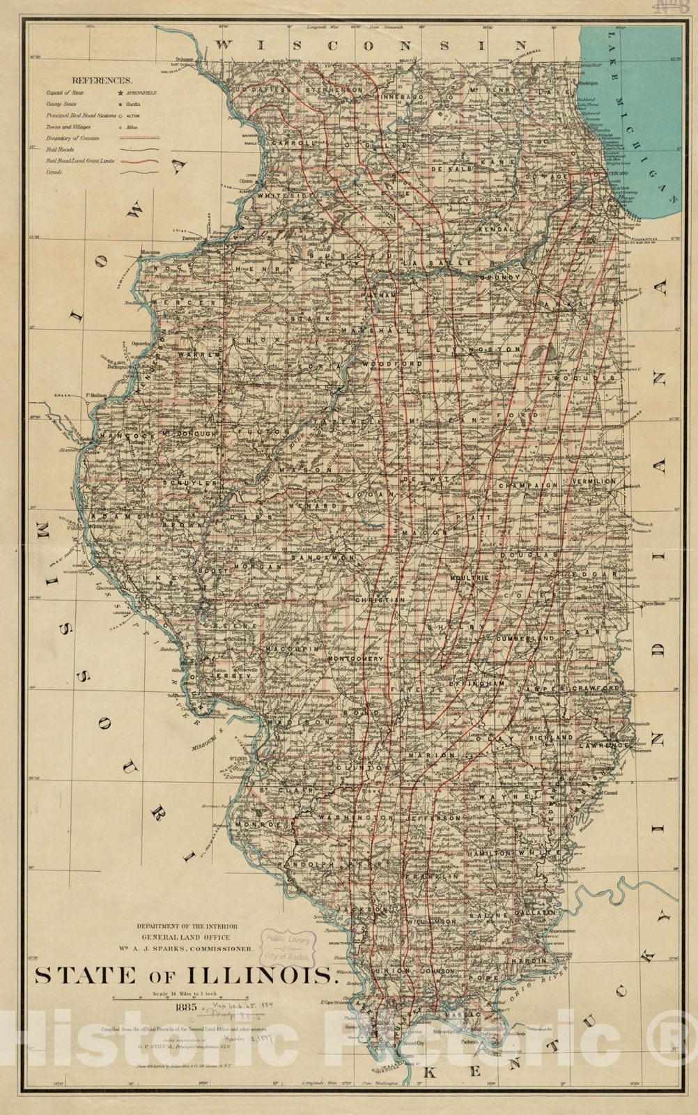 Historical Map, 1885 State of Illinois, Vintage Wall Art