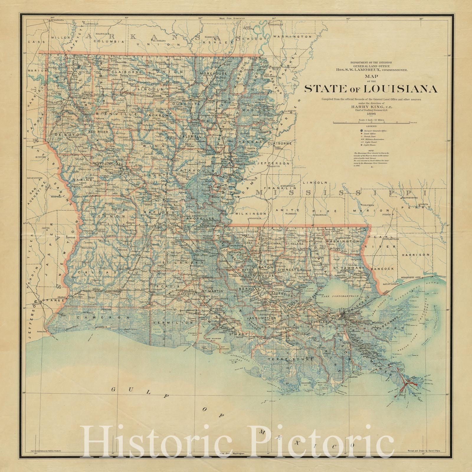 Historical Map, 1896 Map of The State of Louisiana, Vintage Wall Art