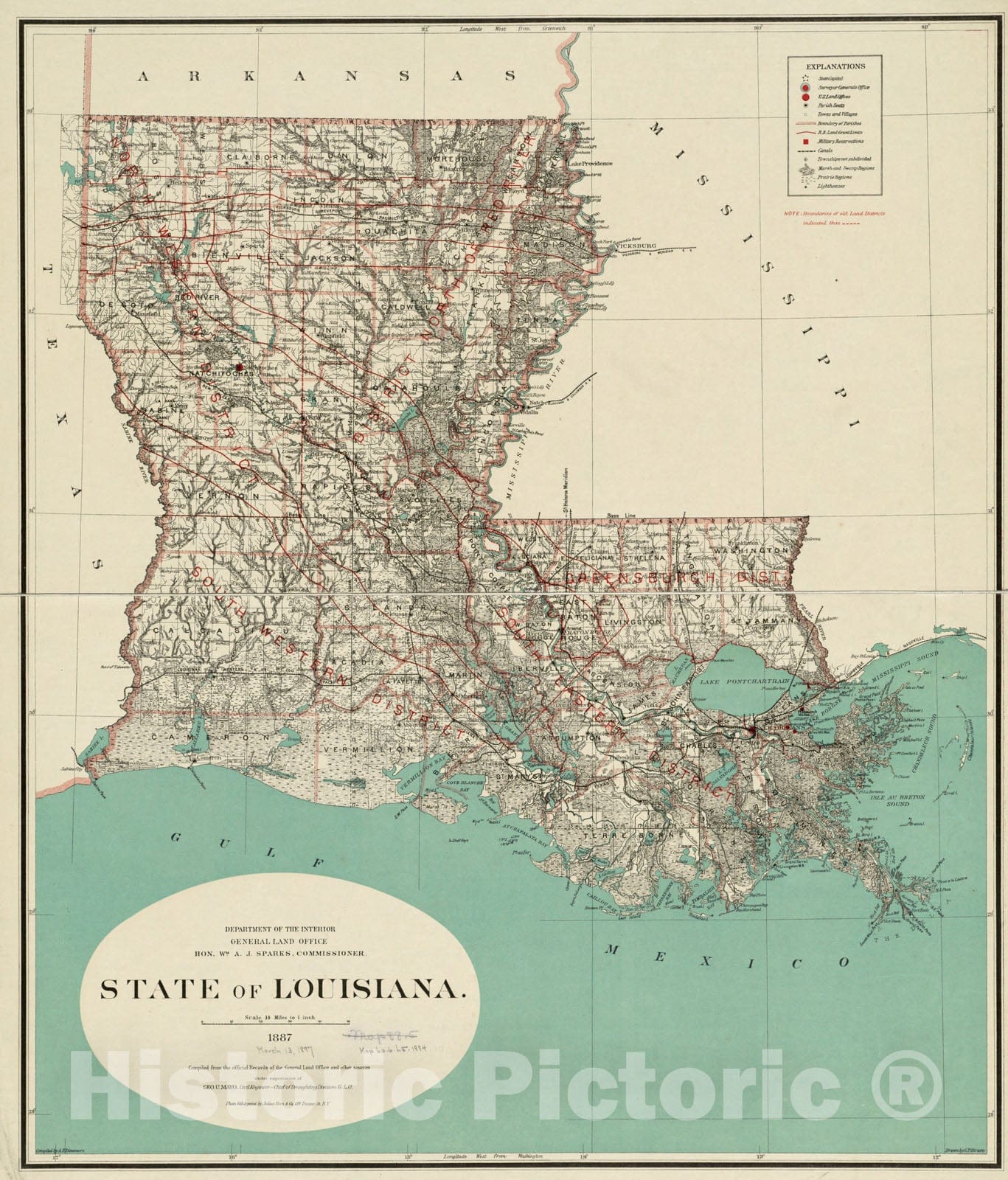 Historical Map, 1887 State of Louisiana, Vintage Wall Art