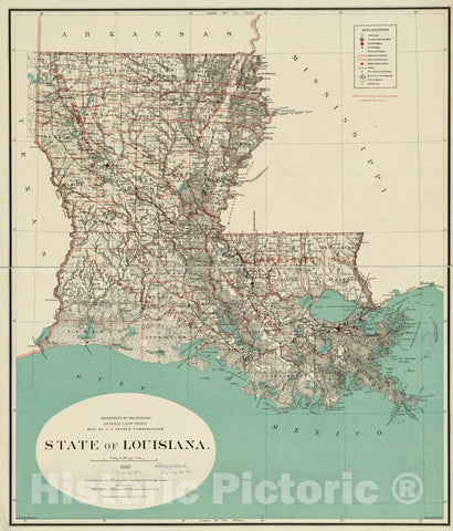 Historical Map, 1887 State of Louisiana, Vintage Wall Art