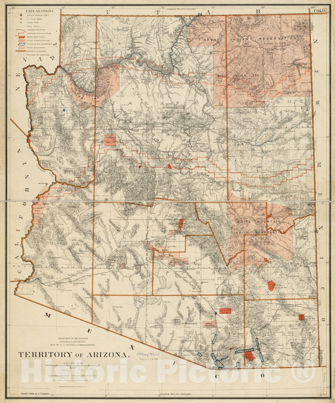 Historical Map, 1887 Territory of Arizona, Vintage Wall Art