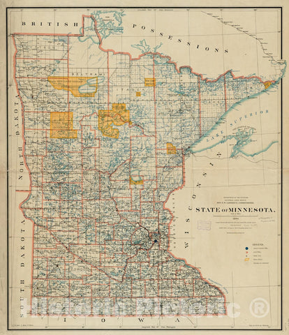 Historical Map, 1894 State of Minnesota, Vintage Wall Art