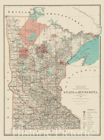 Historical Map, 1887 State of Minnesota, Vintage Wall Art