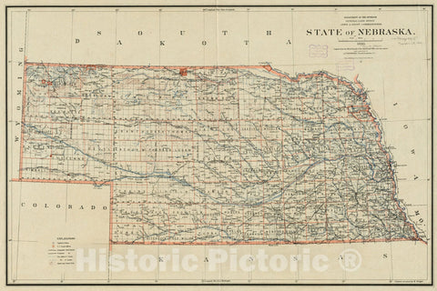 Historical Map, 1890 State of Nebraska, Vintage Wall Art