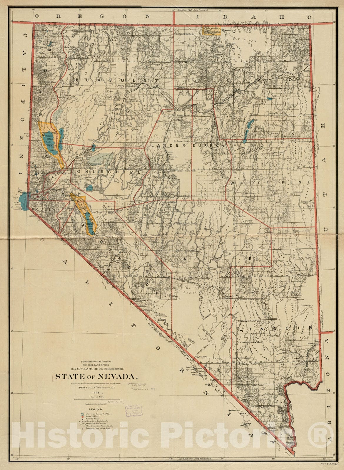 Historical Map, 1894 State of Nevada, Vintage Wall Art