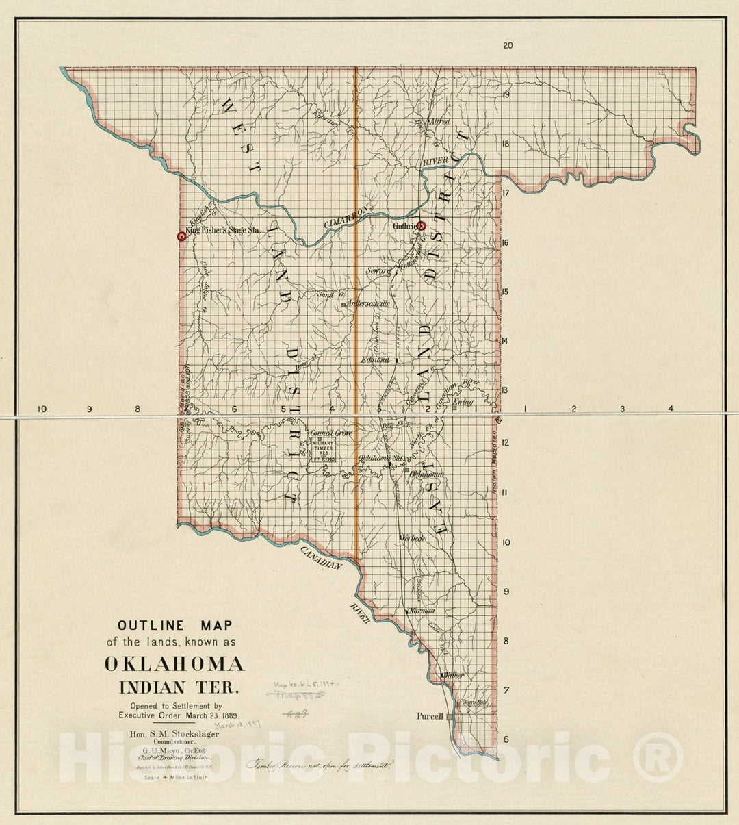 Historical Map, Outline map of The Lands Known as Oklahoma, Indian TER. Opened to Settlement by Executive Order March 23, 1889, Vintage Wall Art