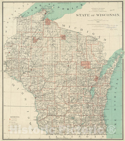 Historical Map, 1886 State of Wisconsin, Vintage Wall Art
