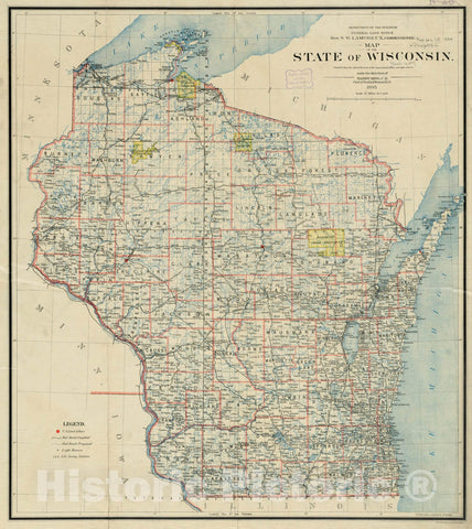 Historical Map, 1895 Map of The State of Wisconsin, Vintage Wall Art