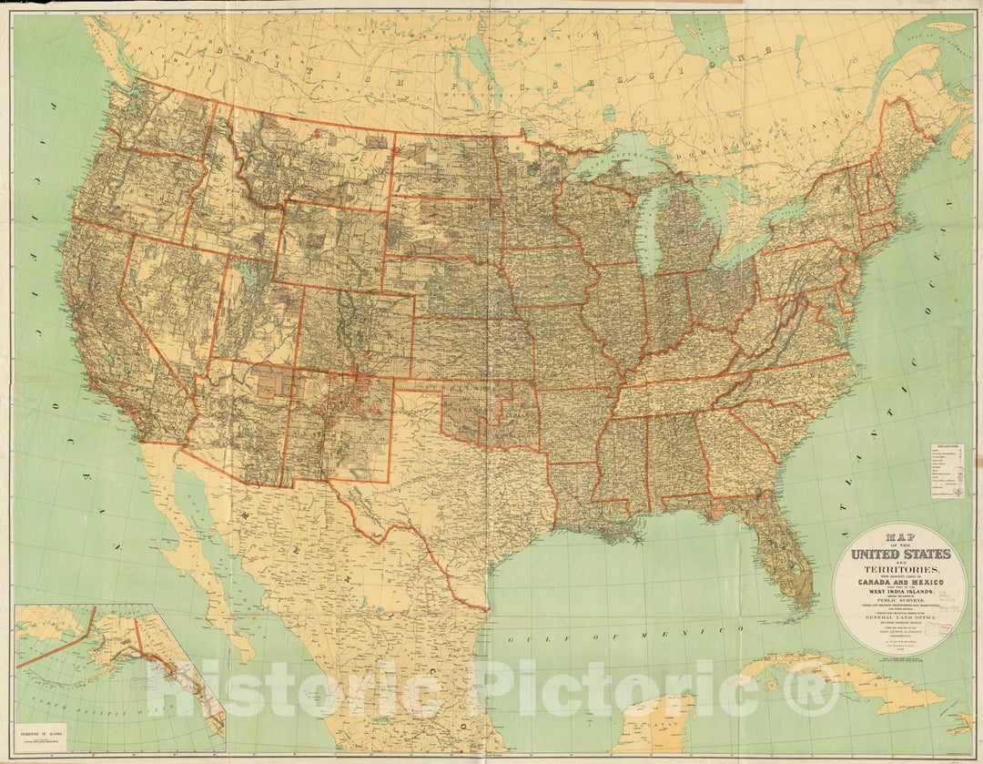 Historical Map, 1890 Map of The United States and Territories with Adjacent Parts of Canada and Mexico, Also Part of The West India Islands, Vintage Wall Art