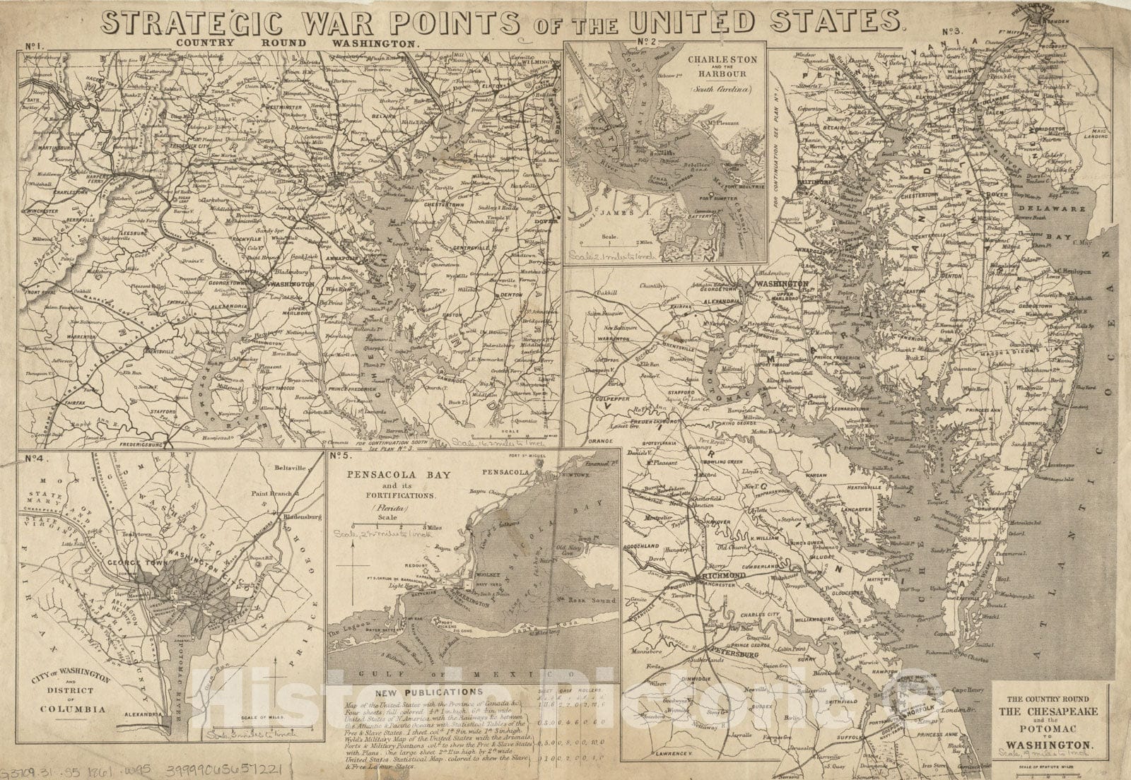 Historical Map, 1861 Strategic war Points of The United States, Vintage Wall Art