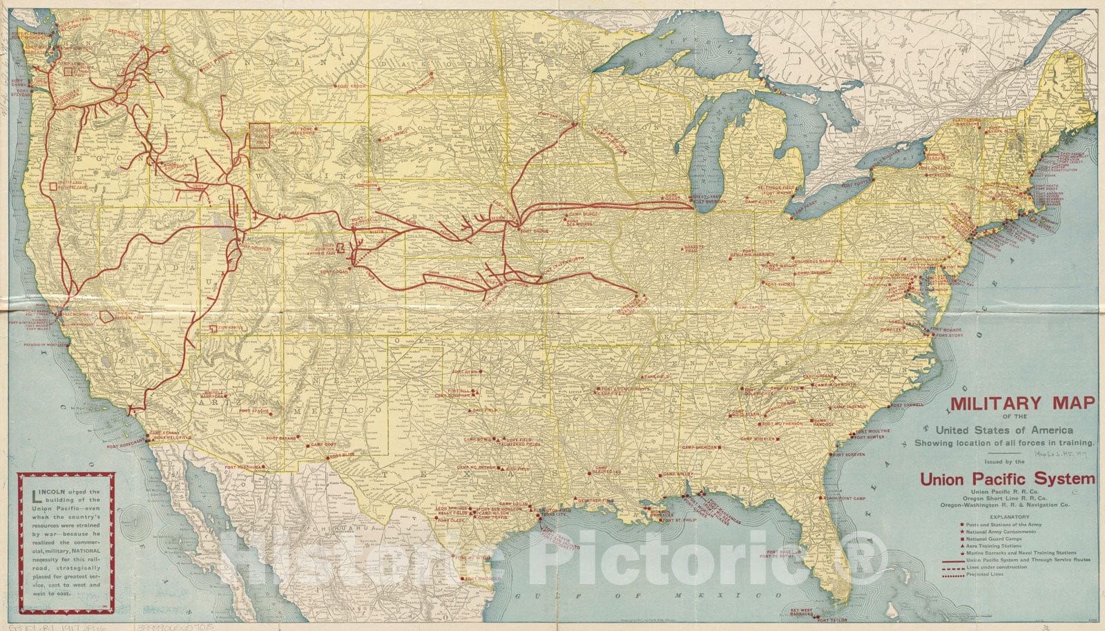 Historical Map, 1917 Military map of the United States of America showing location of all forces in training, Vintage Wall Art