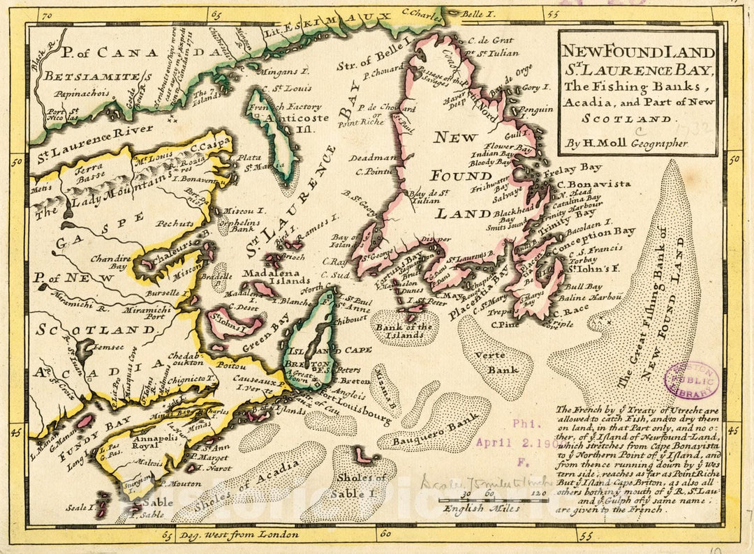 Historical Map, 1732 New Found Land, St. Laurence Bay, The Fishing Banks, Acadia, and Part of New Scotland, Vintage Wall Art