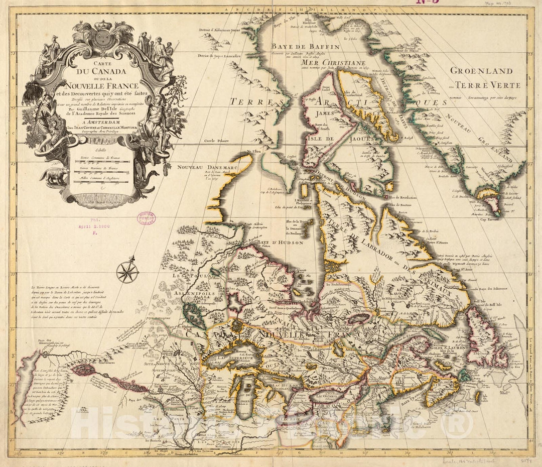 Historical Map, 1730 Carte du Canada ou de la Nouvelle France et des decouvertes qui y ONT ETE faites, Vintage Wall Art