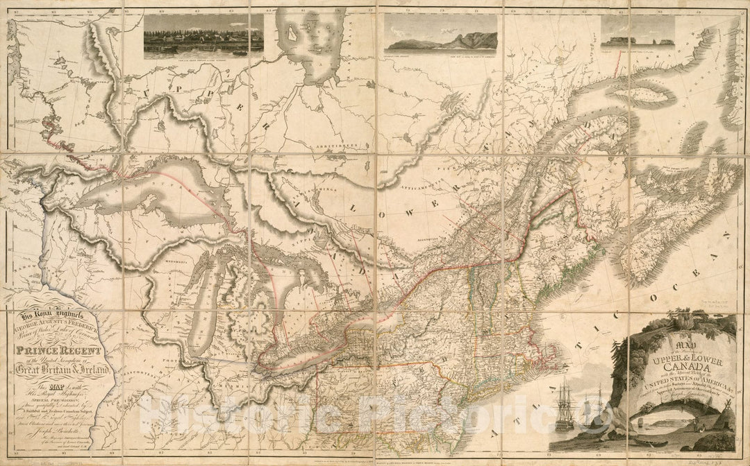 Historical Map, 1815 Map of The Provinces of Upper & Lower Canada with The Adjacent Parts of The United States of America, et Cetera, Vintage Wall Art