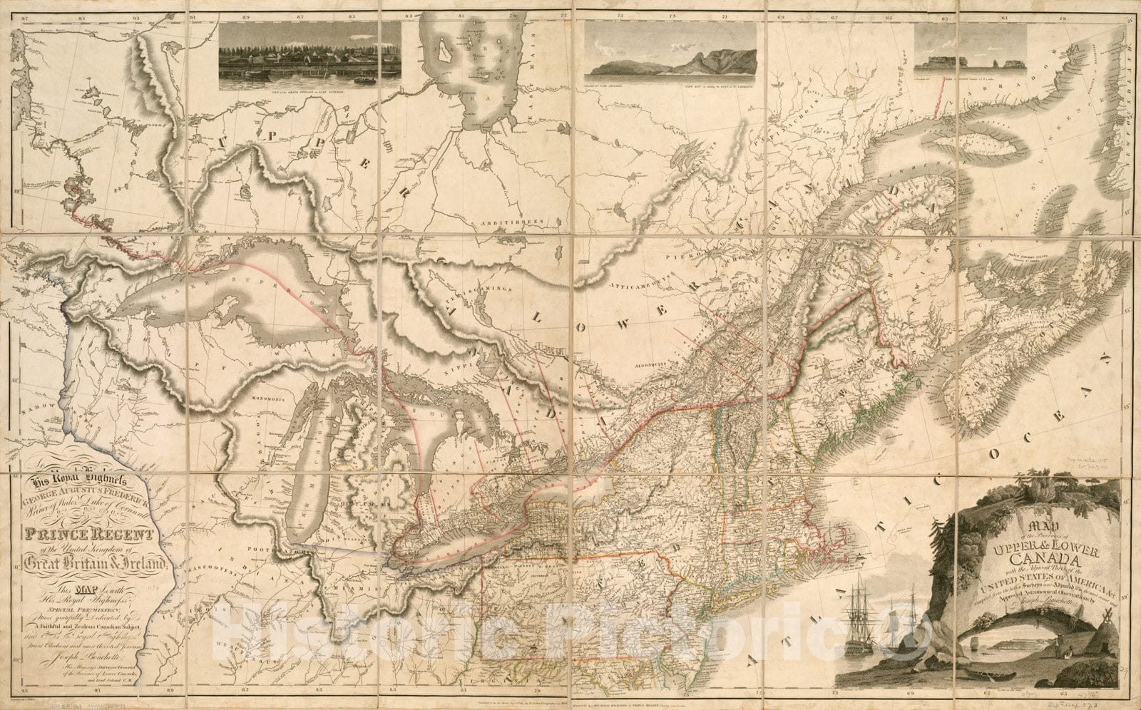 Historical Map, 1815 Map of The Provinces of Upper & Lower Canada with The Adjacent Parts of The United States of America, et Cetera, Vintage Wall Art