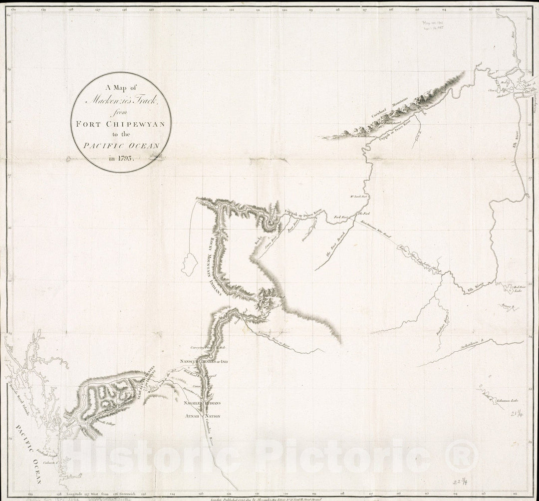 Historical Map, A map of Mackenzie's Track from Fort Chipewyan to The Pacific Ocean in 1793, Vintage Wall Art