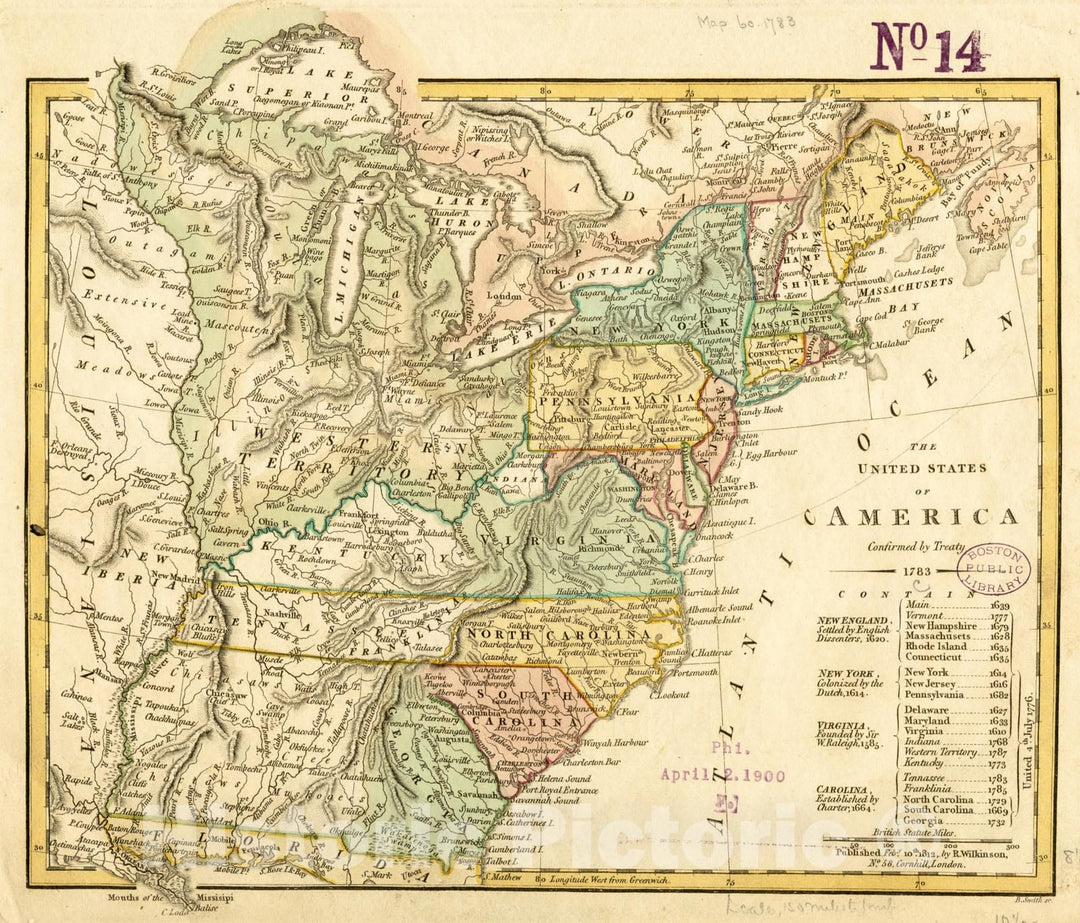 Historical Map, The United States of America confirmed by treaty 1783, Vintage Wall Art