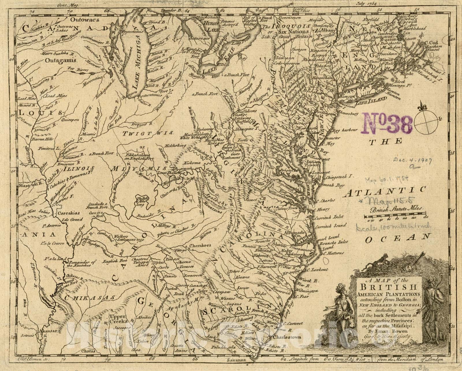 Historical Map, 1754 A Map of The British American Plantations, Extending from Boston in New England to Georgia, Vintage Wall Art